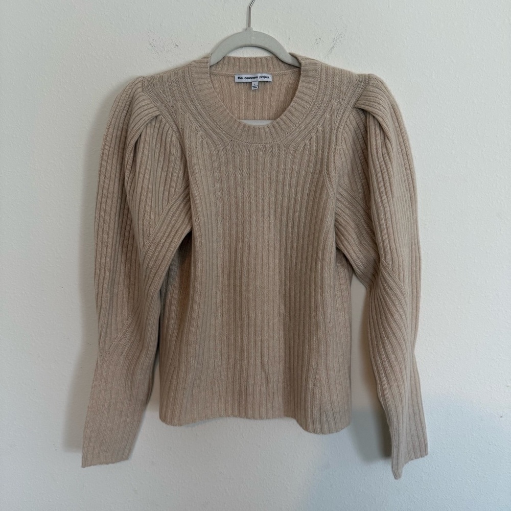The Cashmere Project Cream Pullover Sweater Large Ribbed Crewneck Puff Sleeve